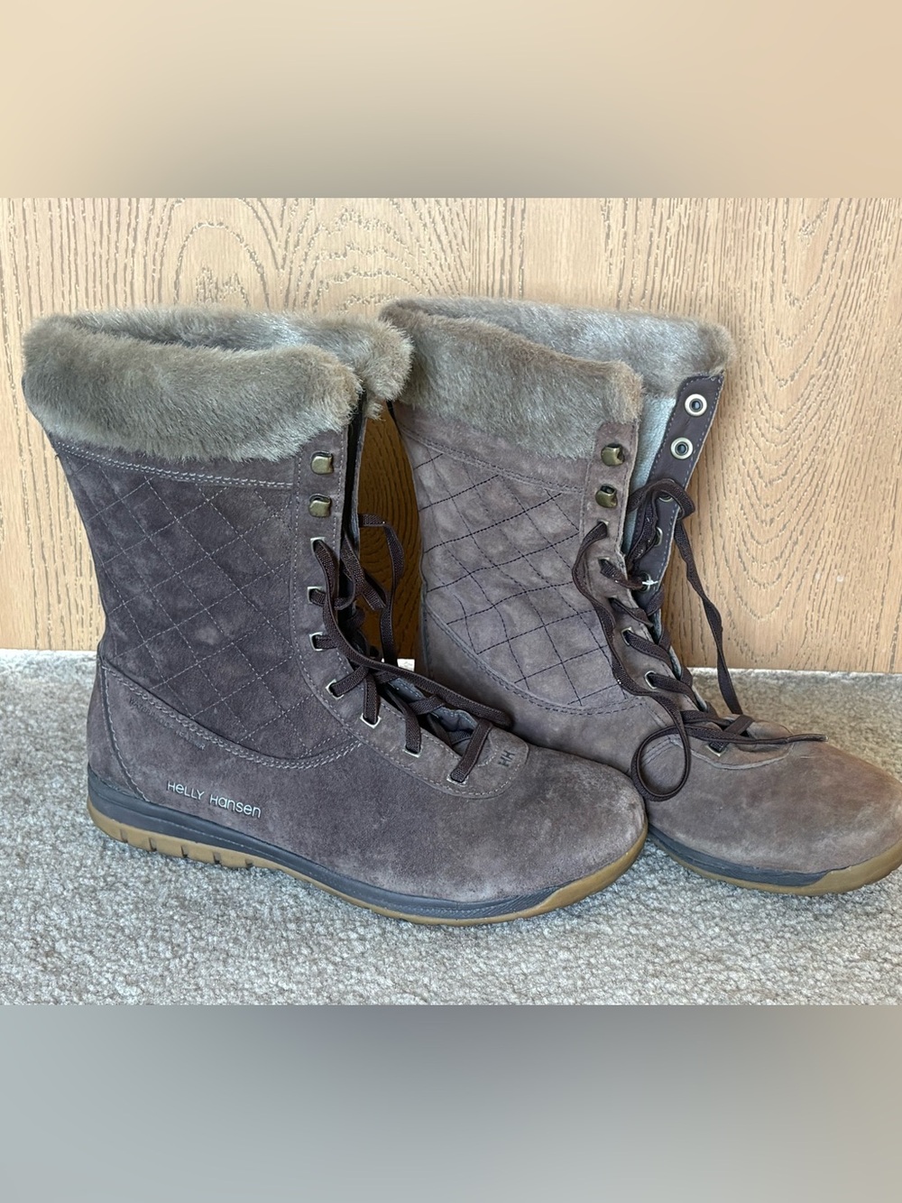 Helly Hansen Women's Gray-Brown Waterproof Leather Fur-Trim Lace-Up Winter Boots